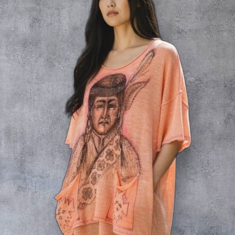 Free People Peach Scoop Neck Graphic Knit Pullover